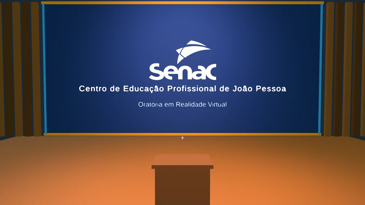 Painel do palco com o logotipo do Senac e o texto Centro de Educação Profissional de João Pessoa, Oratória em Realidade Virtual.