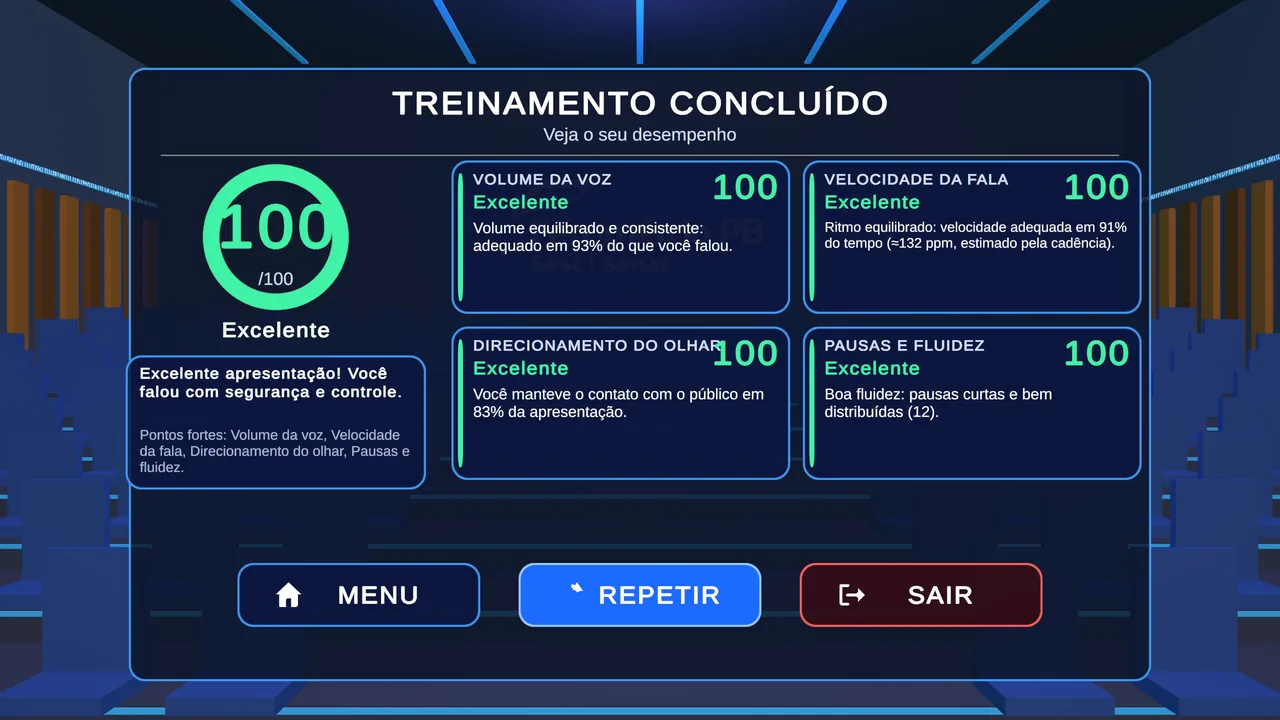Tela Treinamento concluído com a nota geral e a avaliação de volume, velocidade, olhar e pausas.